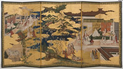 Spring in the Palace, seksdobbelt skærm fra The Tale of Genji, ca. 1650 (blæk, farver og guld på papir) af Japanese School