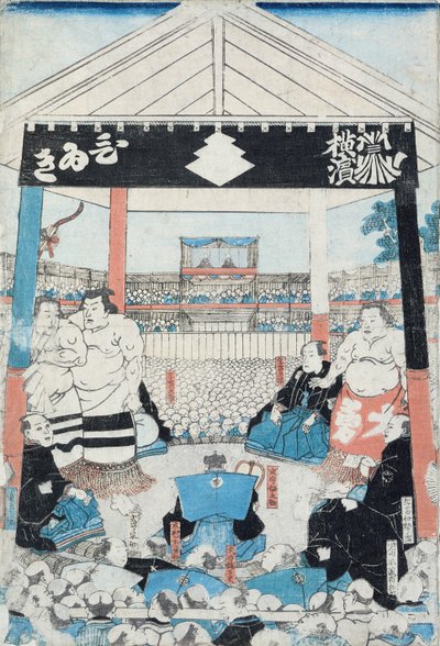 Sumobrydere ved at begynde en kamp (træbloktryk) af Japanese School