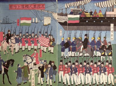 Ankomsten af eskadrille af Commodore Perry til en japansk havn i 1853 (farvet træbloktryk) af Japanese School
