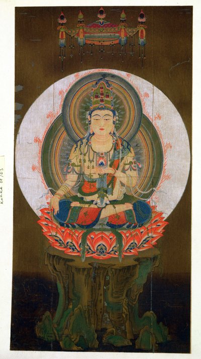 Bodhisattvaen Akasharba holder Cintamani-juvelen (ønskegivende) i venstre hånd og sidder på en lotus, illustration efter en kakemono fra det 9. århundrede fra Daigo-templet, udgivet i Th. af Japanese School