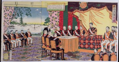 Kejseren Mutsuhito (1852-1912) Holder et krigsråd, en episode fra den kinesisk-japanske krig, slutningen af det 19. århundrede (træblok i farver) (se også 176842) af Japanese School