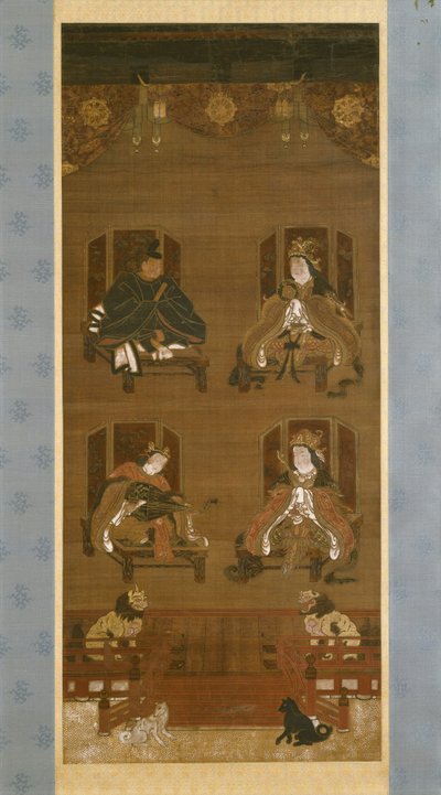 The Four Deities of K?yasan Temple Complex, slutningen af det 14. århundrede, Nanbokuch? periode (1336–92), hængende rulle (blæk, farve og guld på silke) af Japanese School
