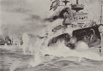 Mikasa kæmper modigt mod den russiske eskadron ud for Port Arthur den 10. august (litho) af Japanese School