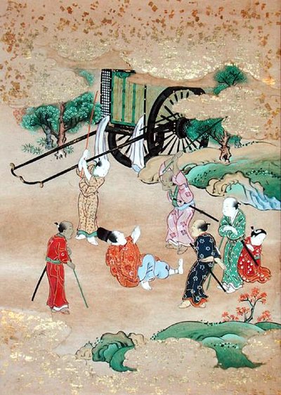 Munken Shogaku (1126-1235) bliver angrebet af brigander (akvarel på papir) af Japanese School
