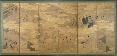The Tale of Genji, slutningen af det 17.-begyndelsen af det 18. århundrede (blæk med pigment og bladguld på glimmerpapir) (par af 171424) af Japanese School