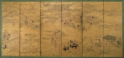 The Tale of Genji, slutningen af det 17.-begyndelsen af det 18. århundrede (blæk med pigment og bladguld på glimmerpapir) (par af 171423) af Japanese School