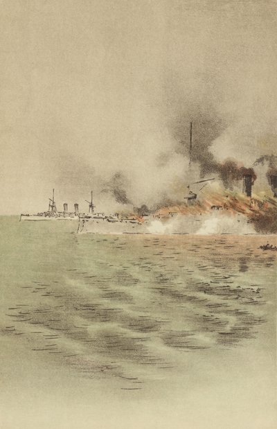 Varyag sat i brand af hendes eget mandskab for at forhindre fangst ved Chemulpo (chromolitho) af Japanese School