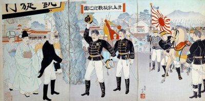 Fremkomsten af det japanske imperium: repræsentation af det tidligere japanske samfund til venstre baseret på et fødedalt system og det nye til højre, vendt mod udviklingen af de militære styrker, der ville føre Japan til krige mod Kina og Rusland. af Japanese School