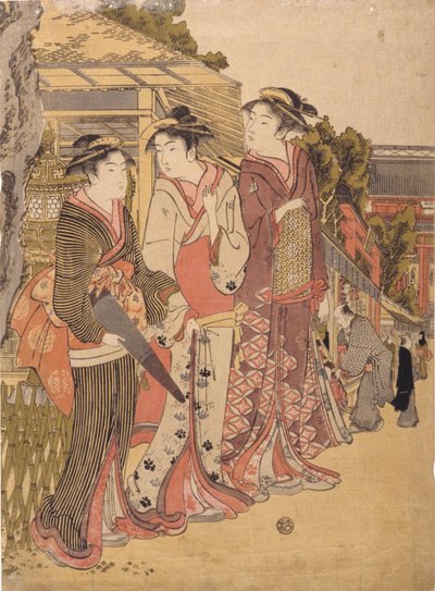 Three Beautys In The Marketplace (træbloktryk i farver) af Japanese School