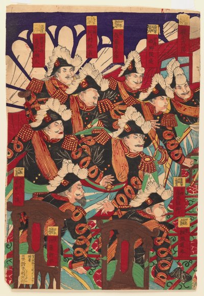 Tre ark af en triptykon, 1868-1912 (træbloktryk) (se også 406926 & 406927) af Japanese School