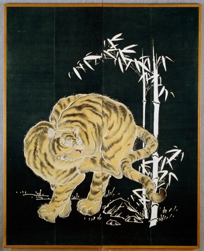 Tiger og bambus, motiv på bomuldsdug med to døre (byobu), risstivelse og indigodypning med pigmenter, japansk civilisation, Meiji-Taisho-perioden af Japanese School