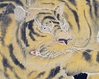 Tigernæse, detalje fra bomuldslærred, foldet to-panel (byobu), indfarvet i reserve med risstivelse og indigodyp med pigmenter, japansk civilisation, Meiji-Taisho-perioden af Japanese School