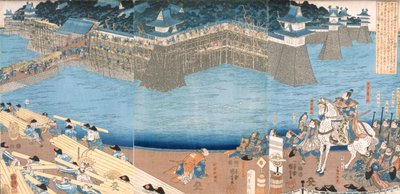 Triptykon, der viser et fort, der bygges ved floden Kunigos, Edo-perioden 1603-1868. af Japanese School