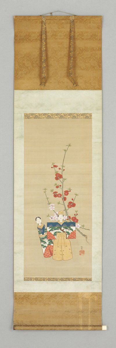 To japanske dukker og en blomstrende Gren, slutningen af 1700-tallet (farve på silke) af Japanese School