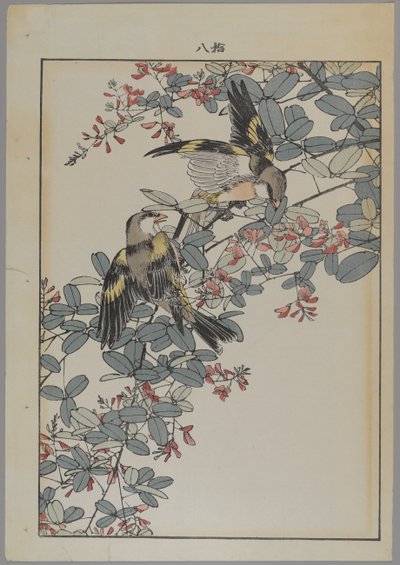 To fugle med lyserøde blomster, Meiji-perioden, ca. 1868-1912 (træblok i farver) af Japanese School