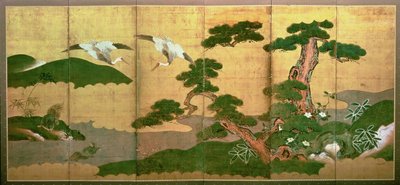 To kraner, der dykker bag fyrretræ og stenskov, Edo-perioden af Japanese School