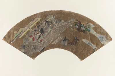 Uden titel - Vifteformet maleri af damer, der sidder i en pavillon og spiller et spil, 1603-1868 af Japanese School