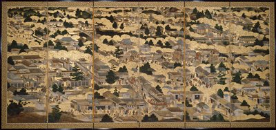 Views In and Around Kyoto (Rakuchu rakugai zu), ca. 1616-24 (blæk, farve og bladguld på papir) af Japanese School