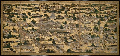 Views In and Around Kyoto (Rakuchu rakugai zu), ca. 1616-24 (blæk, farve og bladguld på papir) af Japanese School