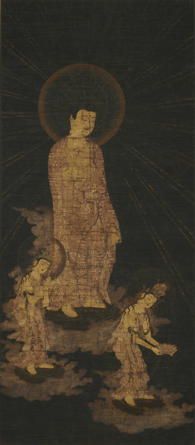 Indbydende Descent of the Amida Buddha Triad (guld og farve på indigo-farvet silke) af Japanese School