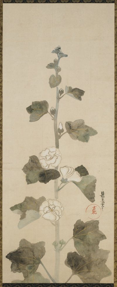 Hvide stokroser, Edo-perioden, 1615-1868 (blæk, farvetone og guld på papir) af Japanese School
