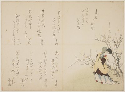 Kvinde i kinesisk hofdragt, ca. 1830-44 (træbloktryk i farver, karazuri på pels) af Japanese School