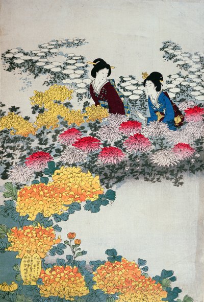 Kvinder i en blomstrende have (træbloktryk i farver) af Japanese School