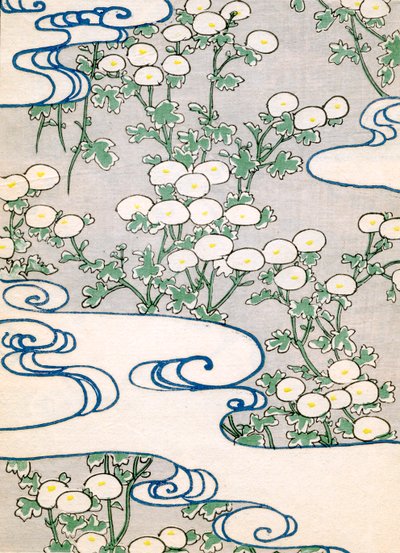 farve træblok print af Blooming Vines og Wave Pattern af Japanese School