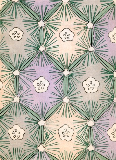 farve træblok print af fyrrenåle og blomster af Japanese School