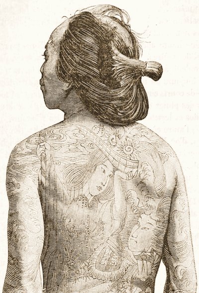 mand med traditionelle japanske Irezumi-tatoveringer, ca. 1880 af Japanese School