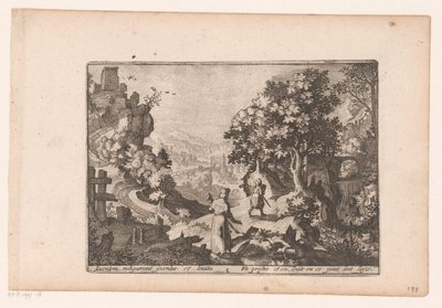 Landskab med historien om den barmhjertige samaritaner: præsten og levitten passerer offeret og efterlader det Historien om den barmhjertige samaritaner (serietitel) af Jaspar de Isaac (attributed to)