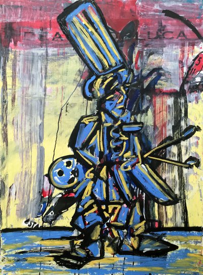 No Coffee In The Afternoon, 2017 (mixed media på akvarelpapir monteret på panel med opskrift på bagsiden) af Jay Batlle