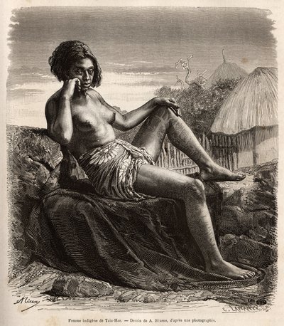 Indfødt kvinde fra Taio-Hae (eller Taio Hae), i markisernes øhav, som nonchalant viser sine tatoverede ben, gravering efter en tegning af A.Rixens, der illustrerer minderne om Stillehavet, i 1872-1874, af A.Pailhes, et skibsskilt, offentliggjort i “Le t af Jean Andre Rixens