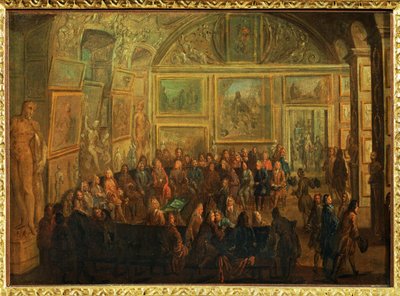 Udsigt til Salon de Diane i Louvre; en session i Malerakademiet ... af Jean Baptiste (after) Martin