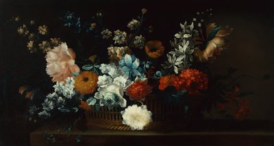 Pæoner, krysantemum og andre blomster i en kurv (olie på lærred) af Jean Baptiste Belin de Fontenay