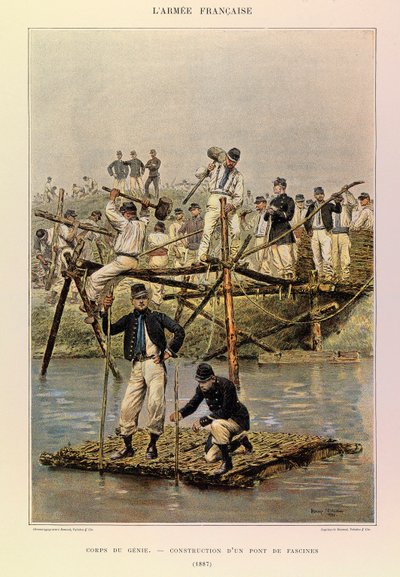 Typer og uniformer af kaptajn Jules Richards franske armé, illustreret af Edouard Detaille (1848-1912): Corps de Genie; Opførelse af en bro af faskiner i 1887, Privat samling af Jean Baptiste Edouard Detaille