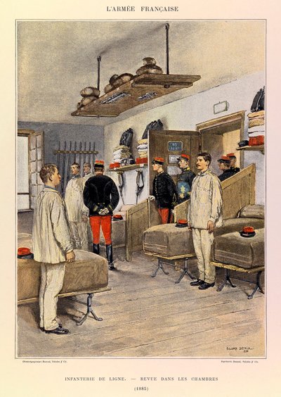 Typer og uniformer af kaptajn Jules Richards franske Armee, illustreret af Edouard Detaille (1848-1912): Linieinfanteri: Revue dans les chambers en 1885, Privat samling af Jean Baptiste Edouard Detaille
