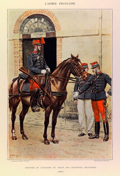 Typer og uniformer af kaptajn Jules Richards franske Armee, illustreret af Edouard Detaille (1848-1912): Officer og ryttere i toget af militærbesætninger i 1887, Privat samling af Jean Baptiste Edouard Detaille