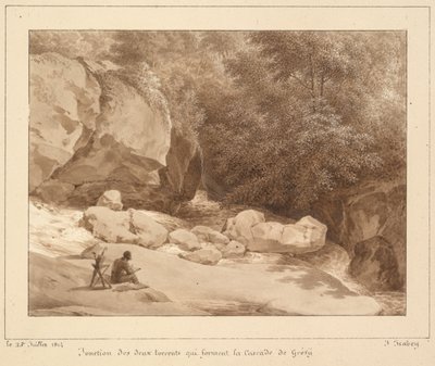 Sammenløbet af de to strømme, der danner Grésy-vandfaldet af Jean-Baptiste Isabey