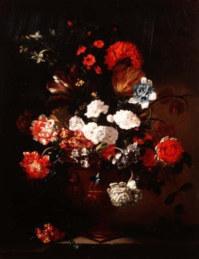 Stilleben af nelliker, tulipaner, pæoner og andre blomster af Jean Baptiste Monnoyer