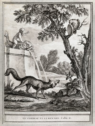 Kragen og ræven, illustration af Jean-Baptiste Oudry (1686-1755) til fabel af Jean de La Fontaine (1621-1695) af Jean Baptiste Oudry