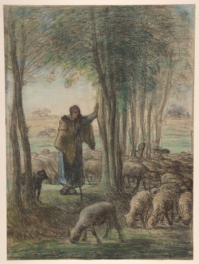 En hyrdinde og hendes flok i skyggen af træer af Jean-Francois Millet