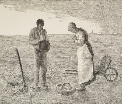 Angelus, par landmænd på marker, gravering fra maleri af Jean-Francois Millet (1814-1875), fransk maler, fra L