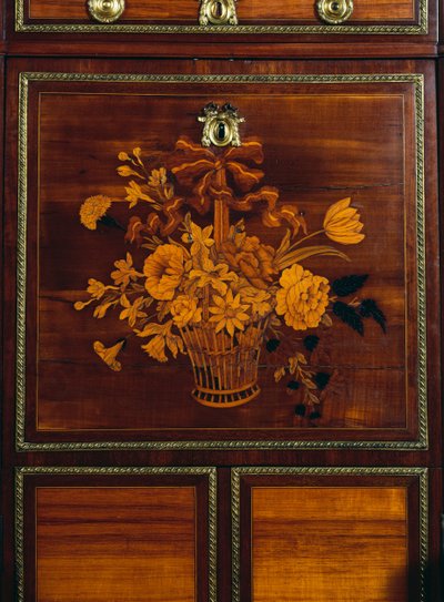 Kurv med blomster, detalje fra indlægget på Louis XVI stil satintræ og amaranth skrivebord, signeret af Jean-Henri Rieser (1734-1806), Frankrig af Jean-Henri Riesener