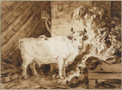 Hvid tyr og en hund i en stald af Jean Honore Fragonard