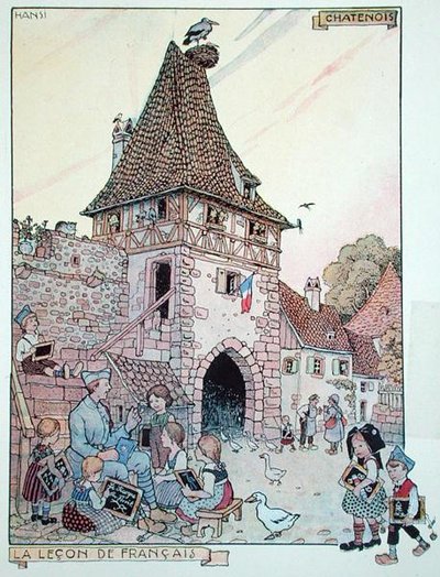 En fransk soldat, der underviser fransk til børn fra Alsace, der er blevet franske statsborgere igen, illustration fra 