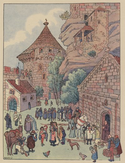 Chevalier du Hohbarrs afgang til korstogene (farve litho) af Jean Jacques Waltz