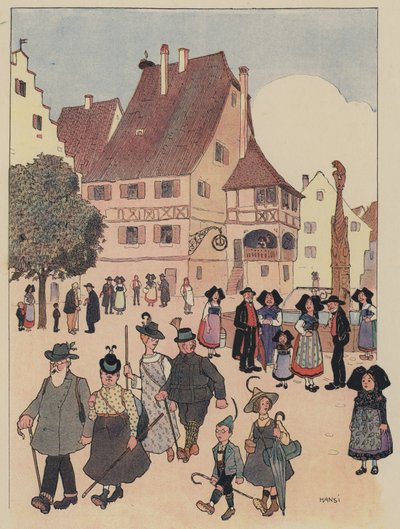 Tyske turister i en landsby i Alsace (farve litho) af Jean Jacques Waltz