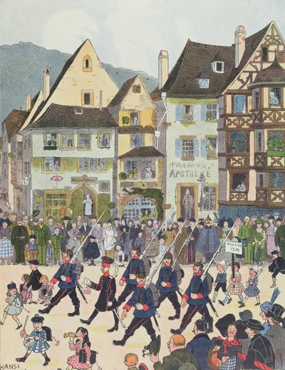 Herr Forstner forlader Saverne med sine soldater efter at have købt noget chokolade i 1913, illustration fra 
