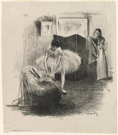 Danserinde, der binder sin balletsko af Jean-Louis Forain